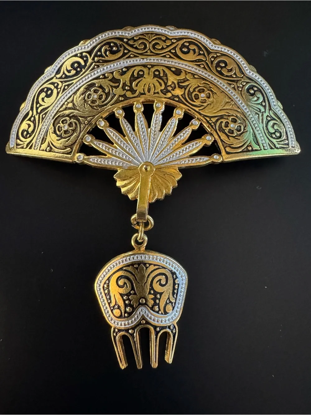 Vintage Gold Tone Fan Brooch - Black Enamel - Dangle Hair Comb - Victorian